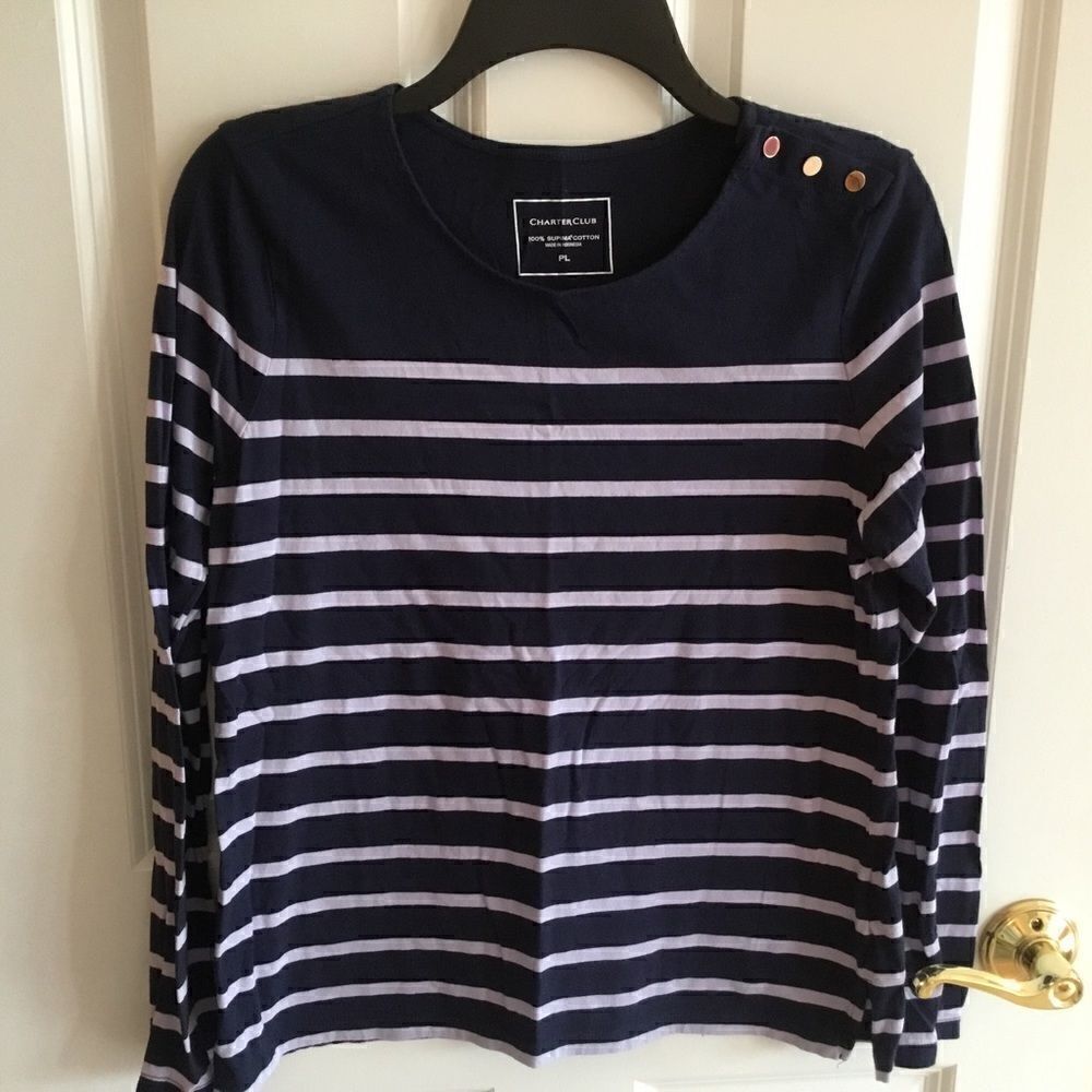 NWOT. Charter Club Blues Stripe L/S Tee Women’s Size PL in Supima Cotton